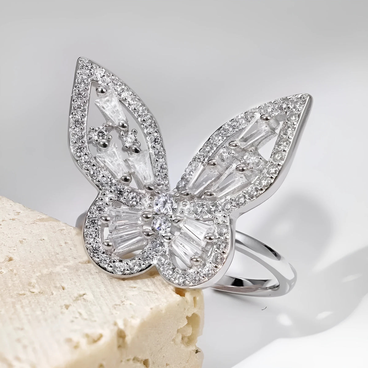 S925 sterling silver butterfly ring with white diamond inlaid zircon and adjustable opening band for women