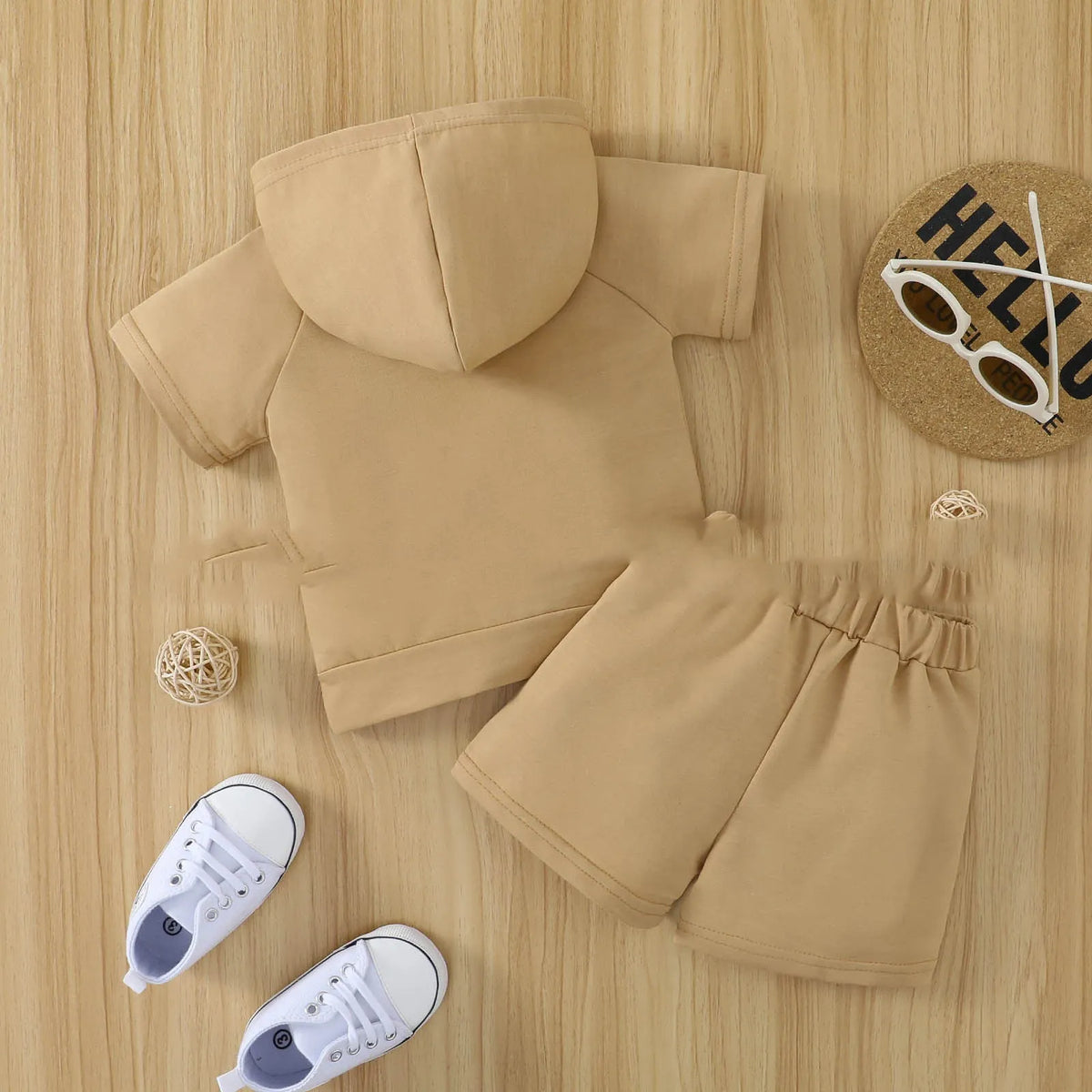 Children's cotton shirt and shorts set with letter print, short sleeves, black or khaki, sizes 70cm to 110cm
