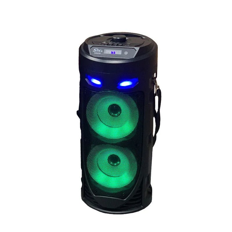 Black portable Bluetooth speaker with dual horn design and wheat-themed accents