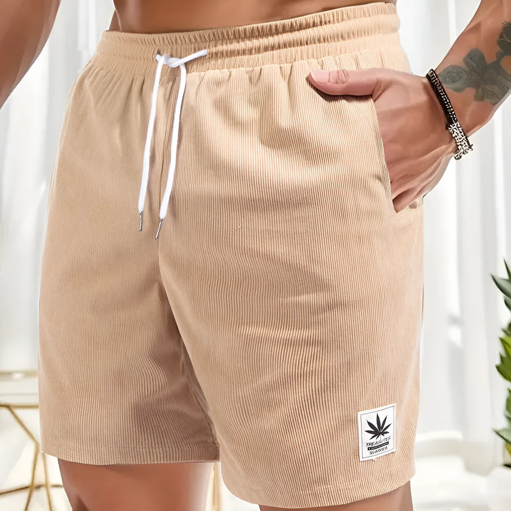 Men's elastic polyester drawstring leisure shorts in black, blue, khaki, or grey colours