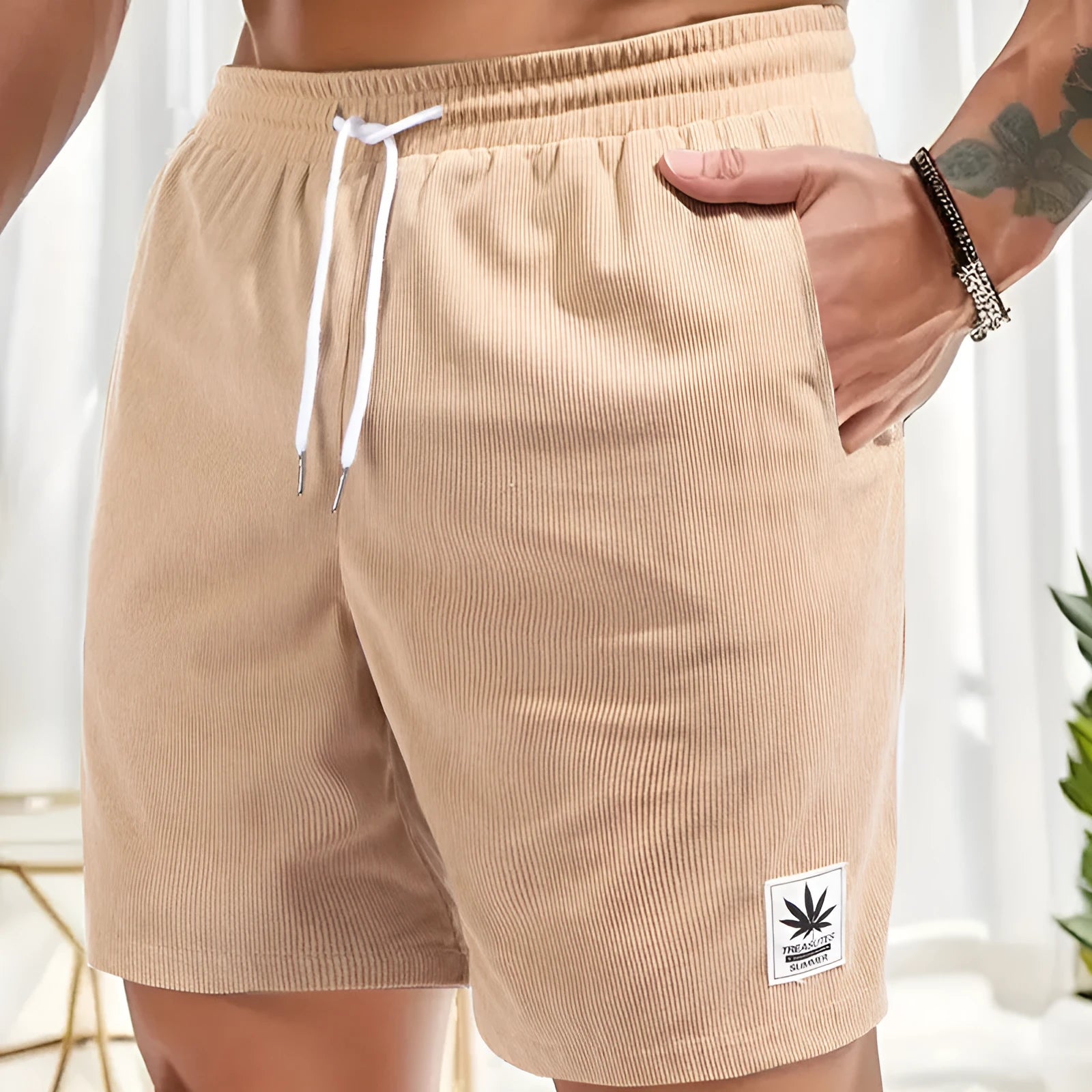 Men's elastic polyester drawstring leisure shorts in black, blue, khaki, or grey colours