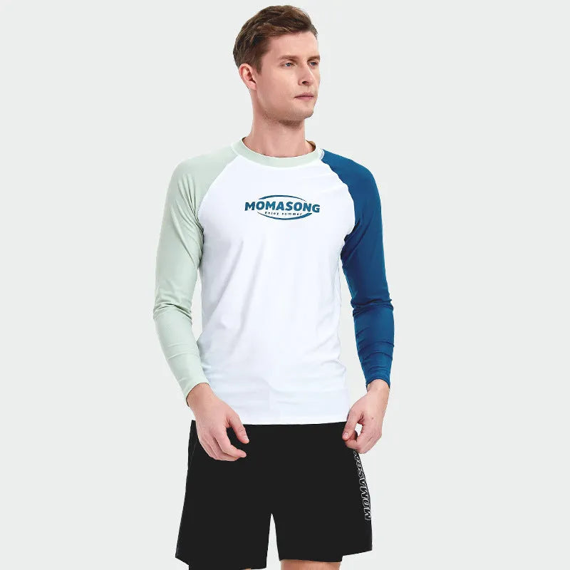Men's long-sleeved sunscreen swimsuit in white top and double-layer beach swim trunks for swimming and surfing