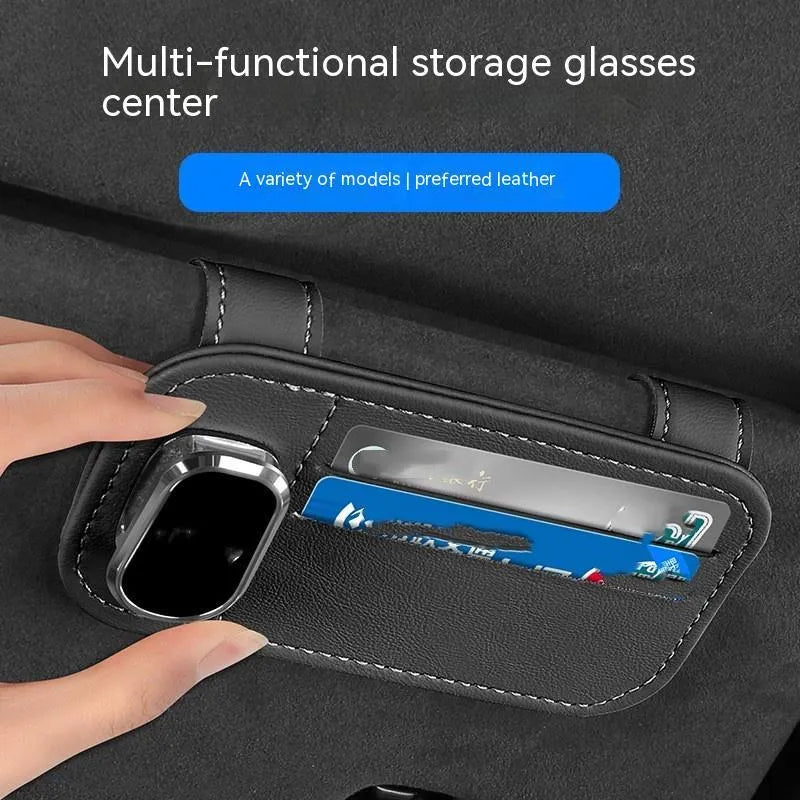Automotive sun louver storage multifunctional card holder in first-layer cowhide with snap-on installation and glasses clip