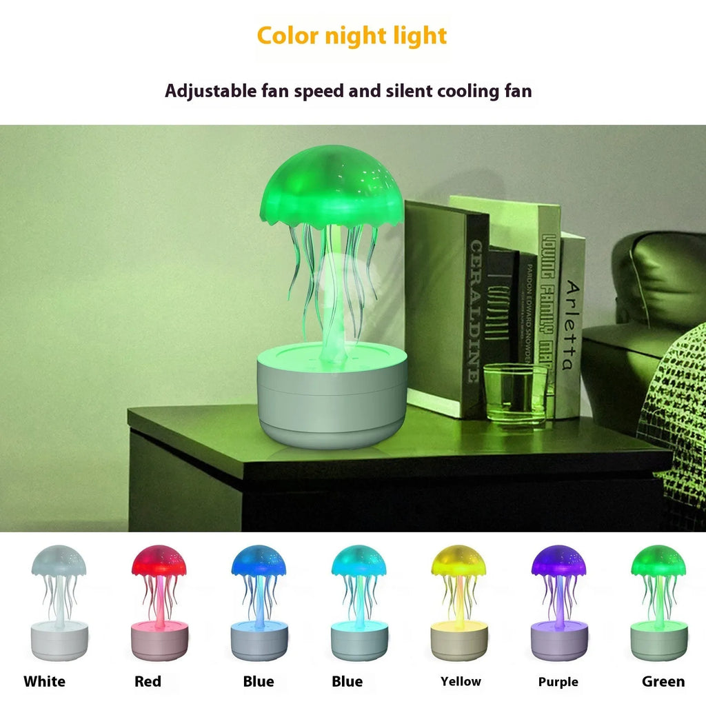 White jellyfish humidifier diffuser with 300ml capacity and 7-colour night light on desktop