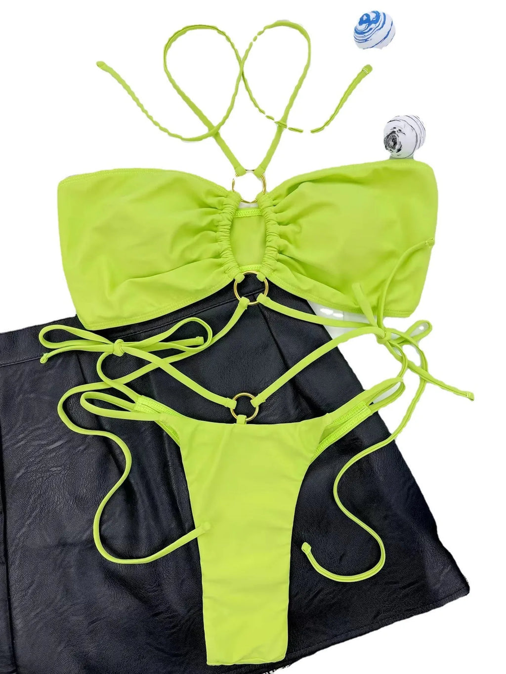 Yellow green women's triangle bikini with lace-up front and matching bottoms