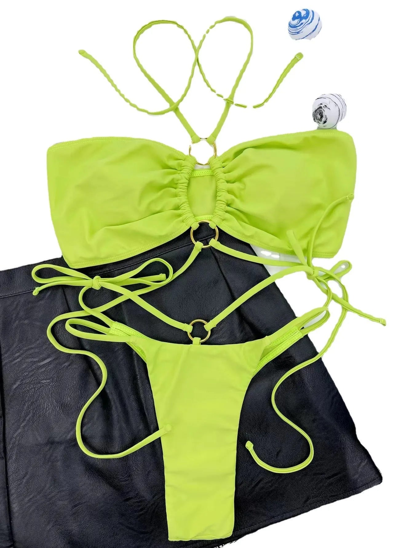 Yellow green women's triangle bikini with lace-up front and matching bottoms