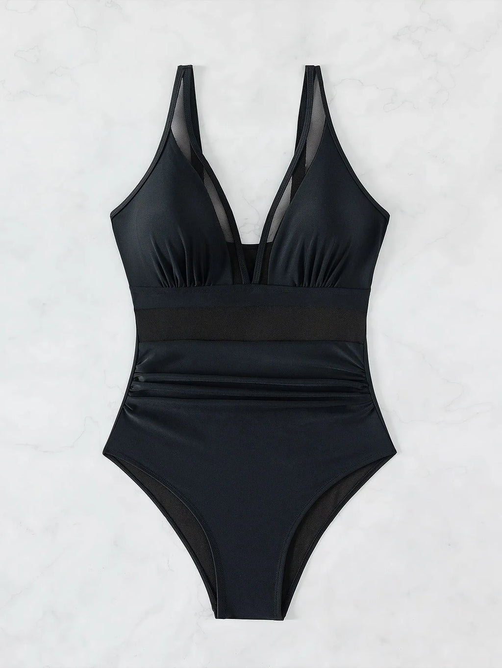 Black women's one-piece swimsuit with a mesh halter neck and brief-style legs.