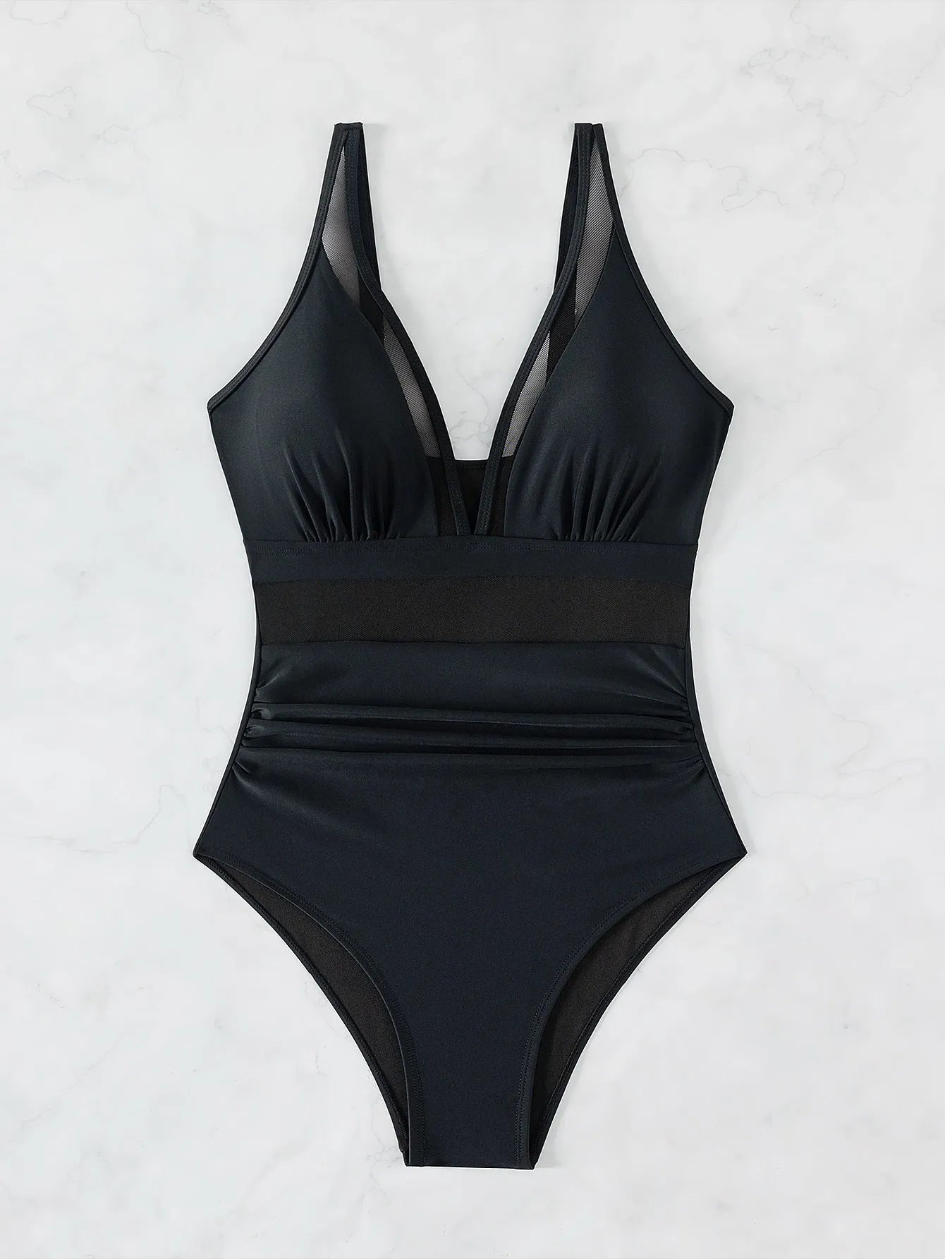 Black women's one-piece swimsuit with a mesh halter neck and brief-style legs.
