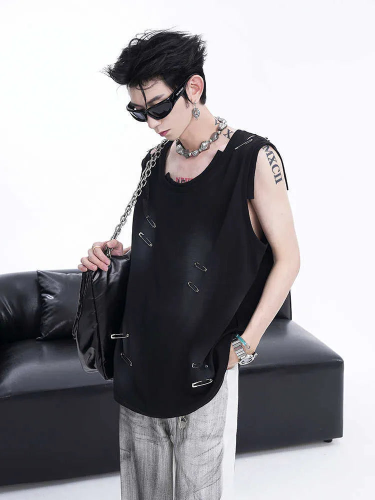 Men's black sleeveless vest with ripped irregular cutting and round neck, made from cotton-polyester-spandex blend