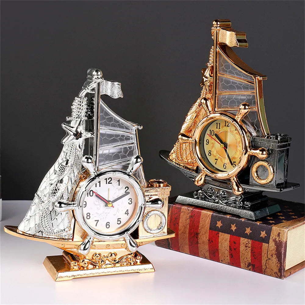 Fashion bedroom clock in gold or silver finish showing 22.6cm width and compact design