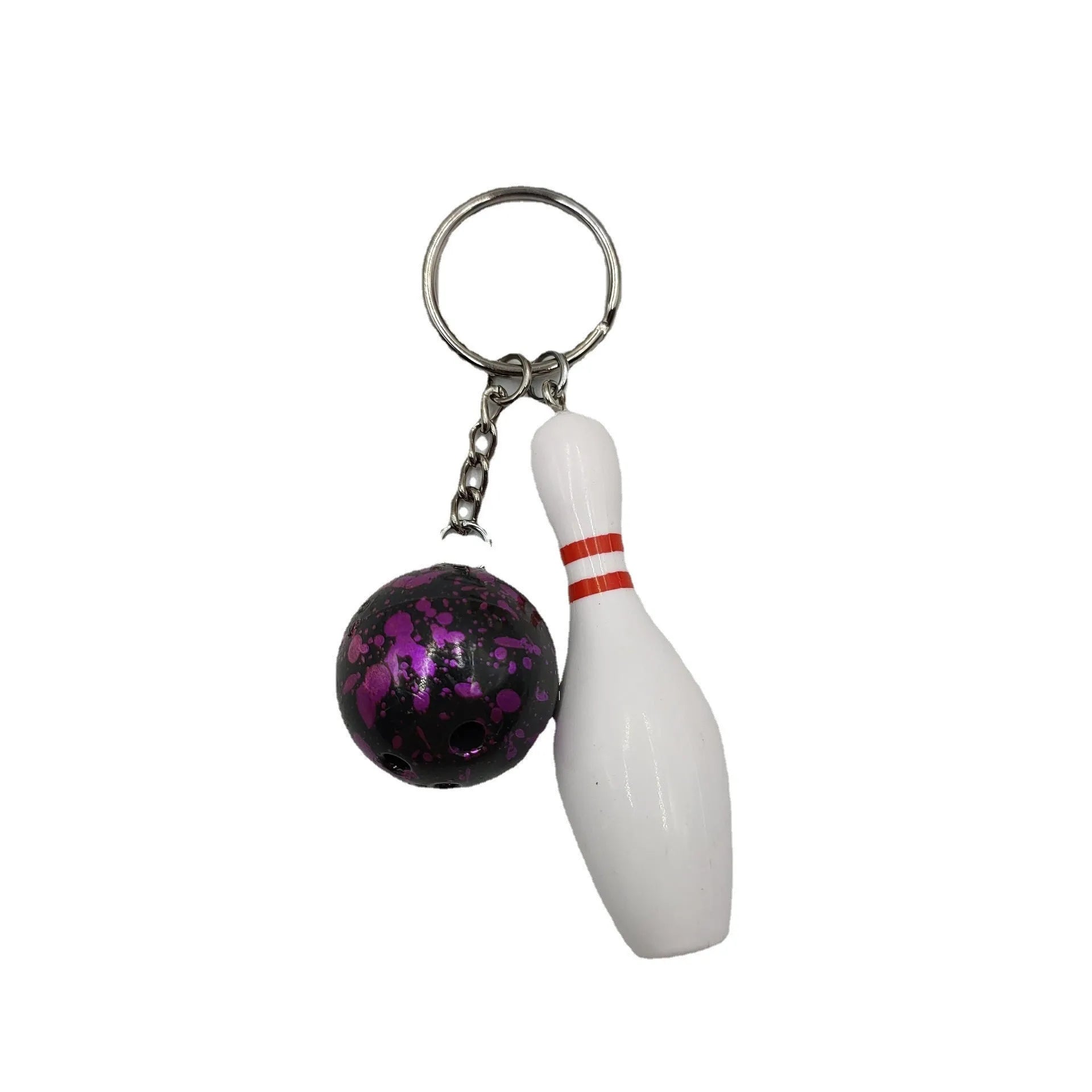 Mini bowling pin keychain pendant in four colours: dark red, blue, purple, green, showing PVC metal construction
