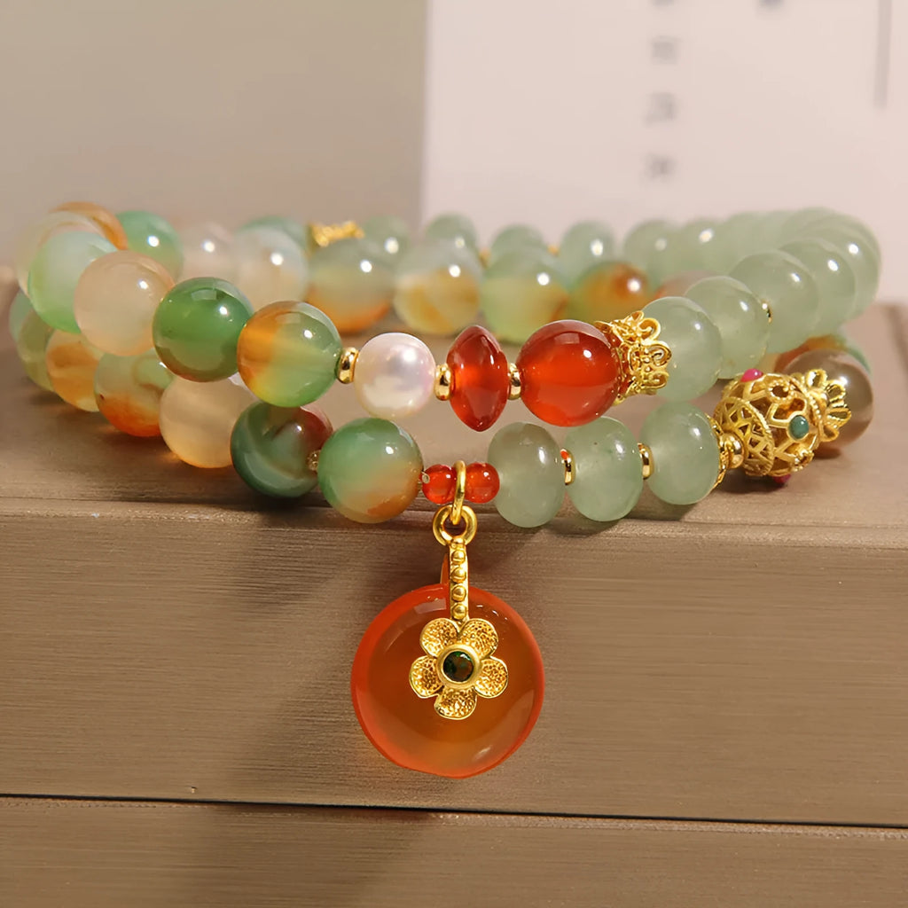 Peacock green agate double ring women's bracelet with safety buckle and rhinestone details