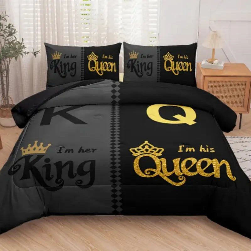 Light grey modern quilt cover and two pillowcases on a bed.
