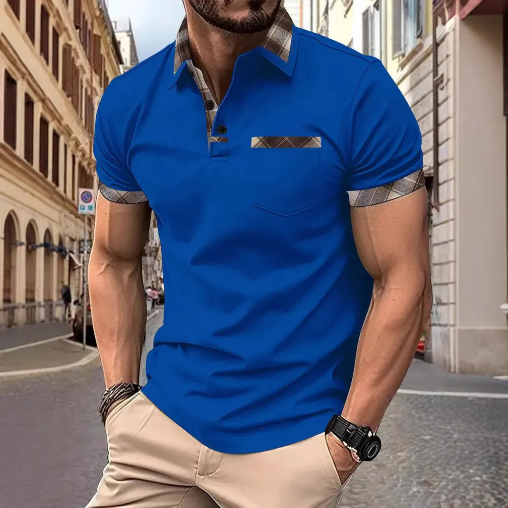 Men's short sleeve plaid colourblock T-shirt with zipper decorations in multiple colour options