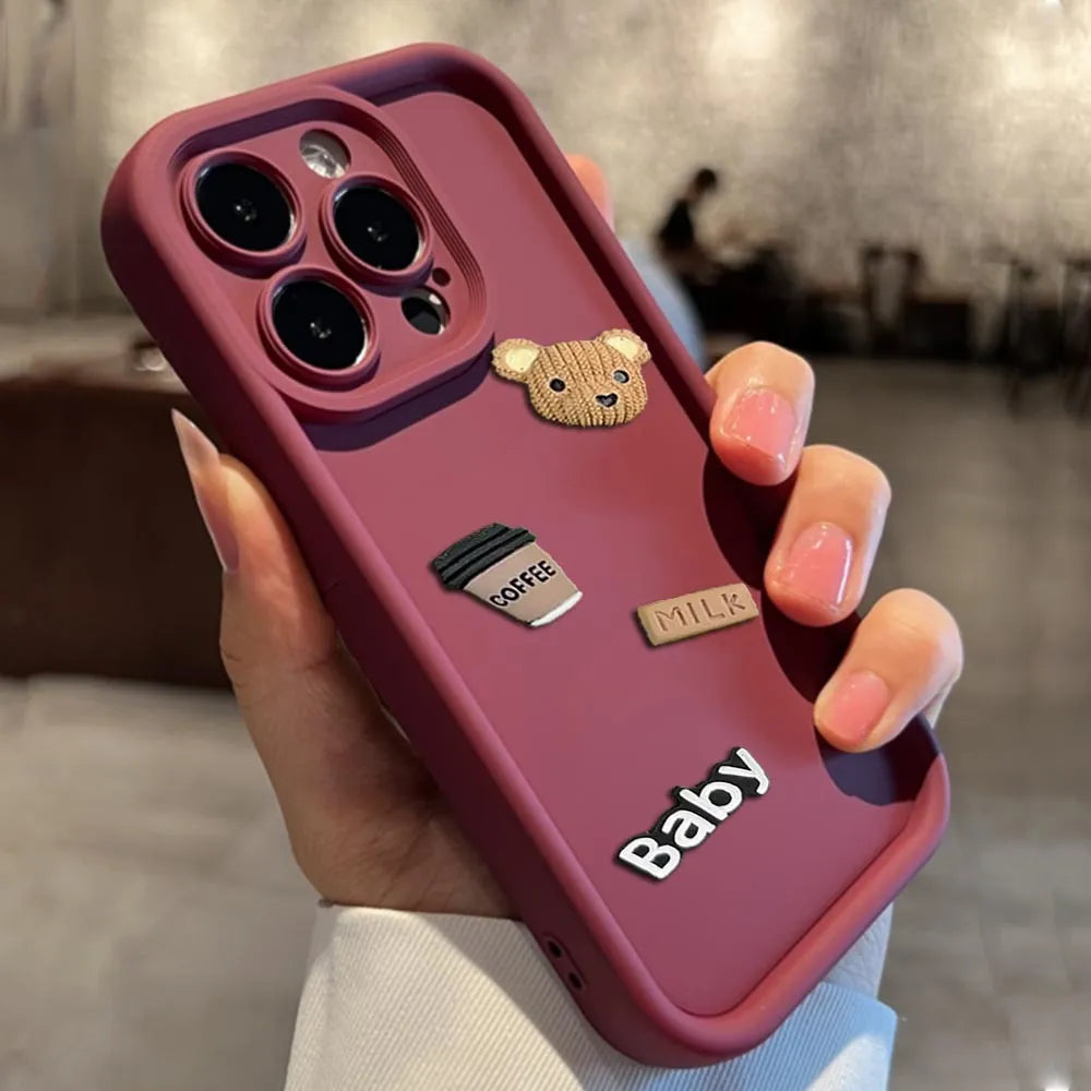Stereo coffee doll bear soft shell TPU phone case with frosted finish, shown in brown doll design for iPhone.
