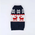 Navy blue knitted dog sweater with Christmas design, sizes XS to L, made from acrylic material.