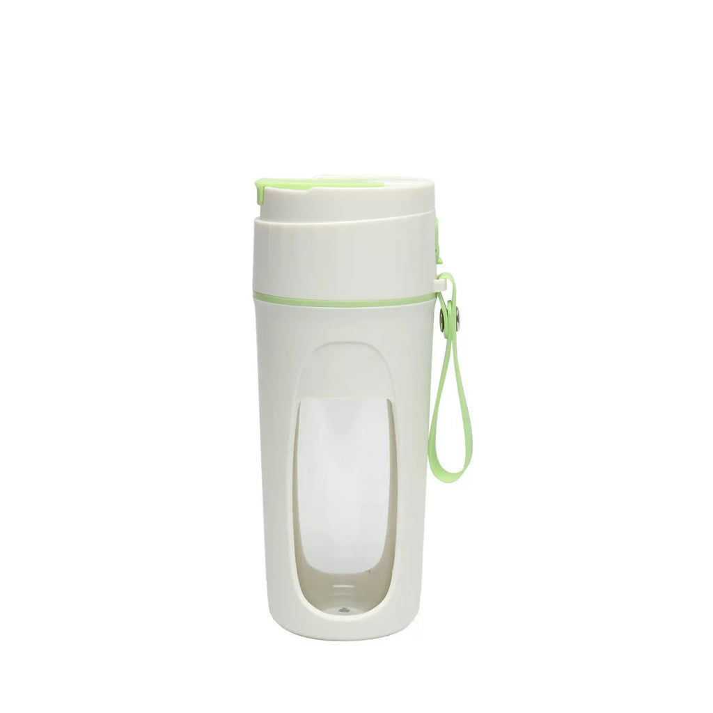 Portable USB charging electric blender cup in grass green, light purple, and fresh orange colours.