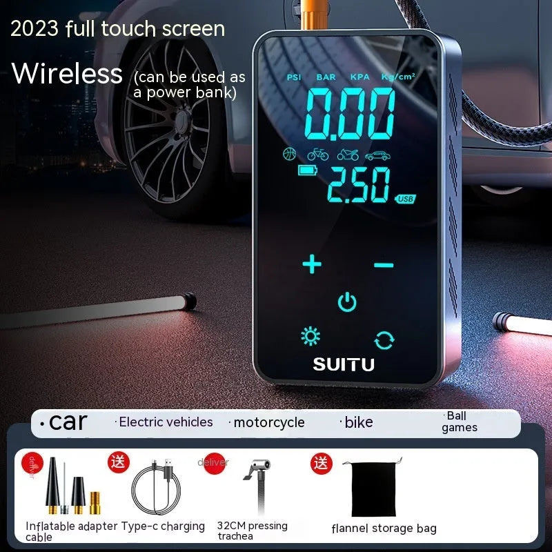Compact black wireless car tyre inflator pump with digital LCD screen on a blue cloth bag.