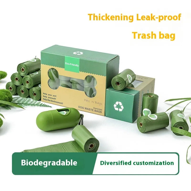 EPI degradable pet waste bags in green, blue, purple, orange, black, showing roll and boxed set options.