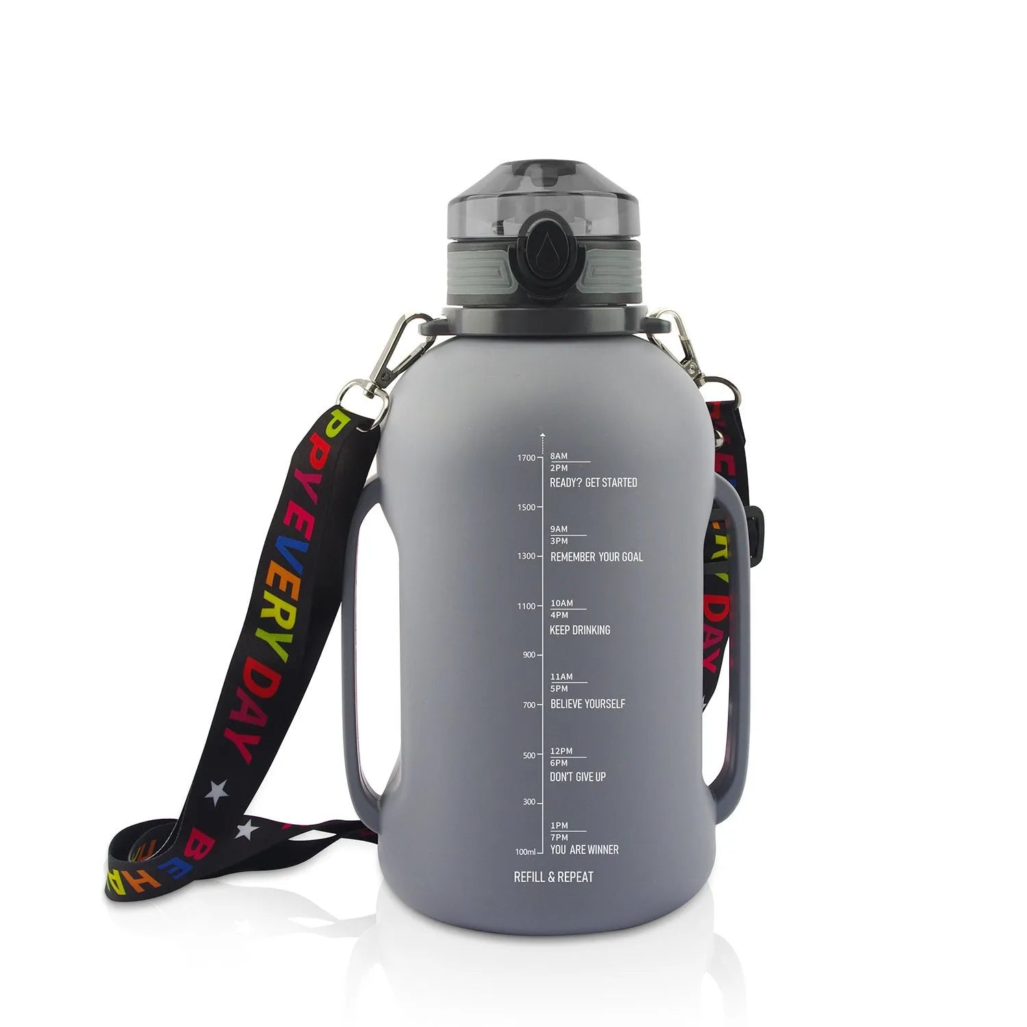 Large black collapsible silicone sports water bottle shown full and folded next to a backpack.