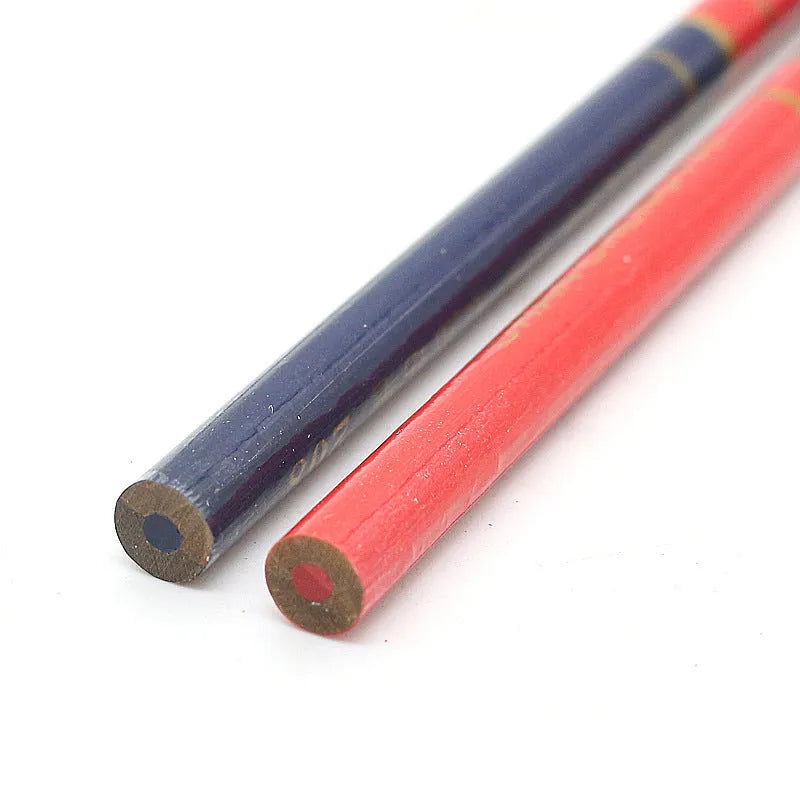Pack of ten round red and blue wooden carpenter pencils for woodworking marking.