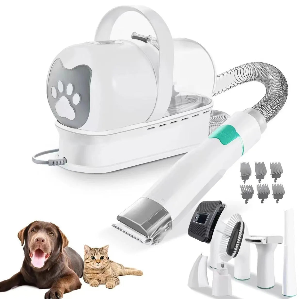 White 7-in-1 vacuum trimming pet grooming device with lady shaver attachment for dogs