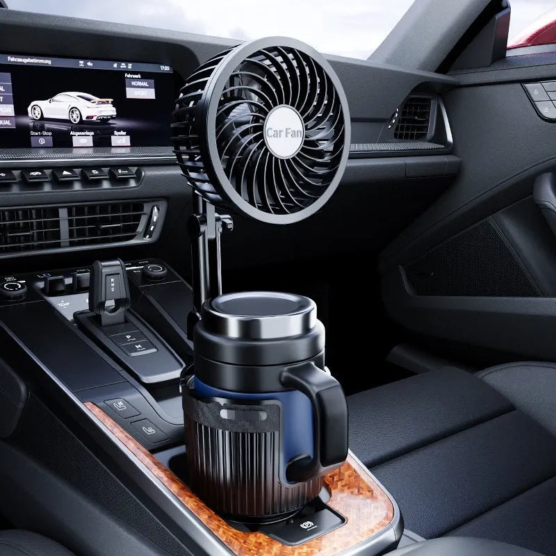 Car water cup holder fan installed in a vehicle's cup holder, showing 12V plug and fan blades.