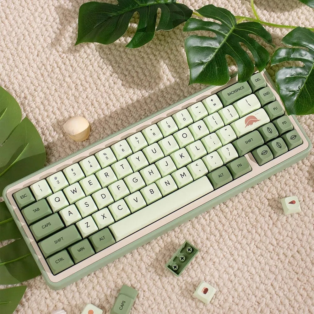124 Matcha green PBT keycaps with white dye-sublimated legends, arranged in a keyboard layout.