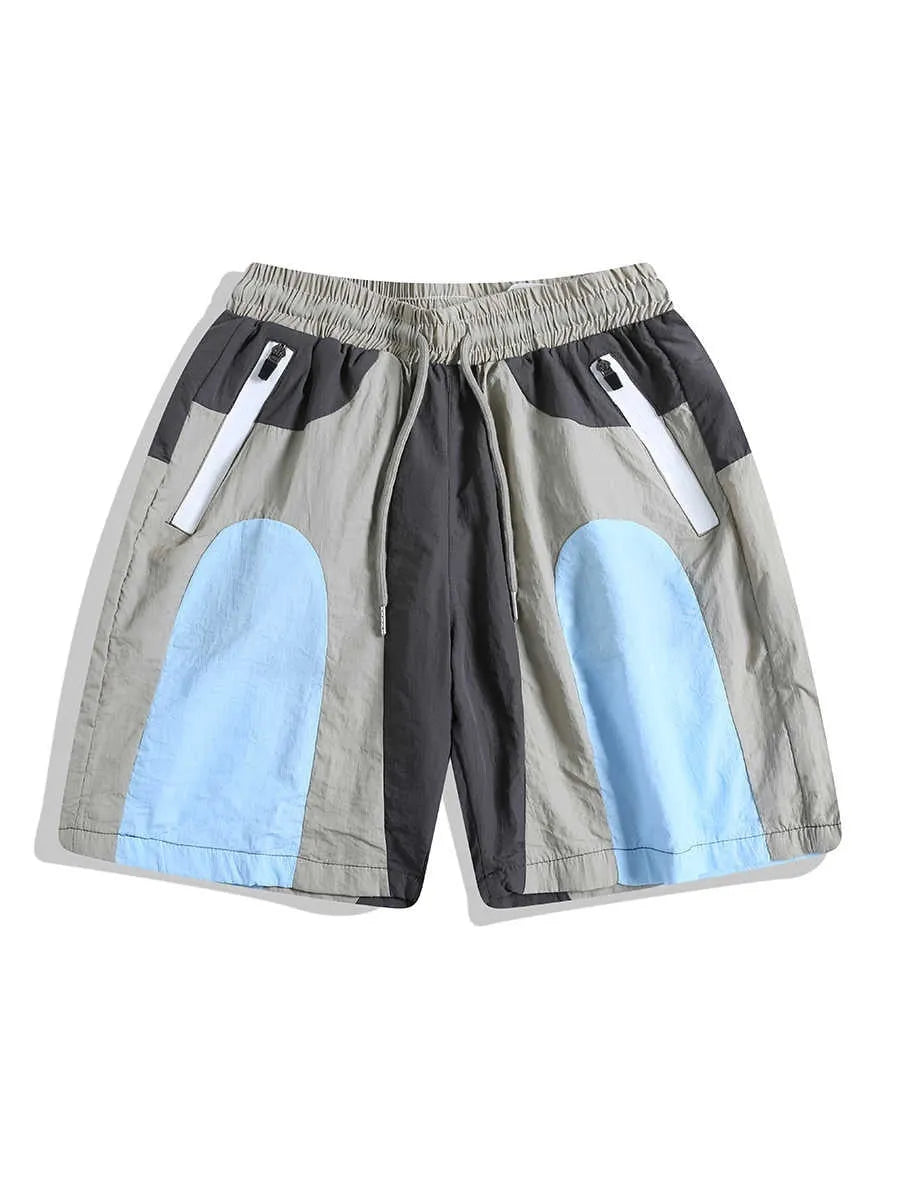 Blue patchwork outdoor sports shorts with quick-drying fabric and loose straight-leg fit