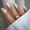 Set of plaid-patterned wearable nail stickers in medium drop shape with jelly glue colour.