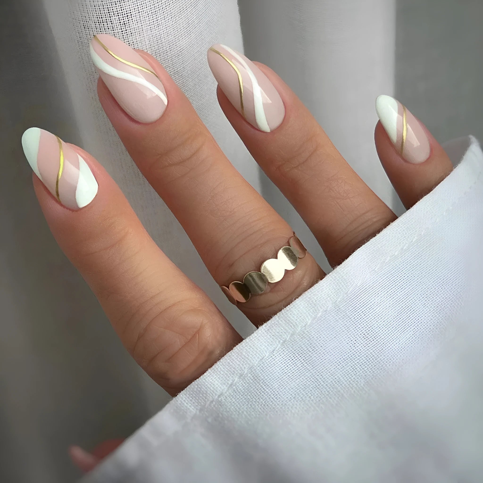 Set of plaid-patterned wearable nail stickers in medium drop shape with jelly glue colour.