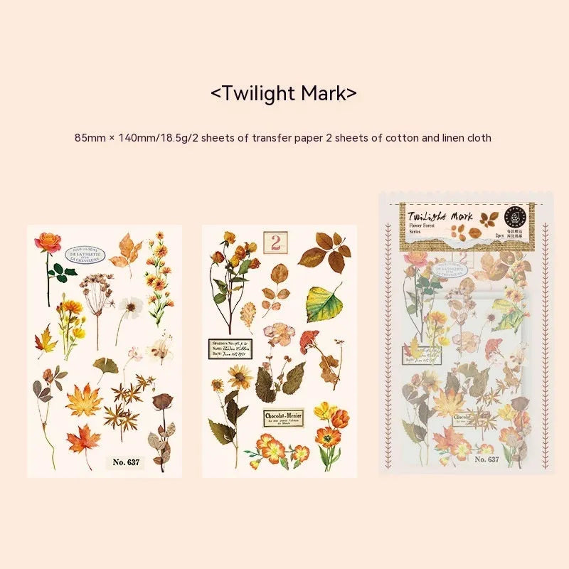 Huazhisen Series forest label sticker pack showing transfer paper and cotton linen sheets in dusk time colour