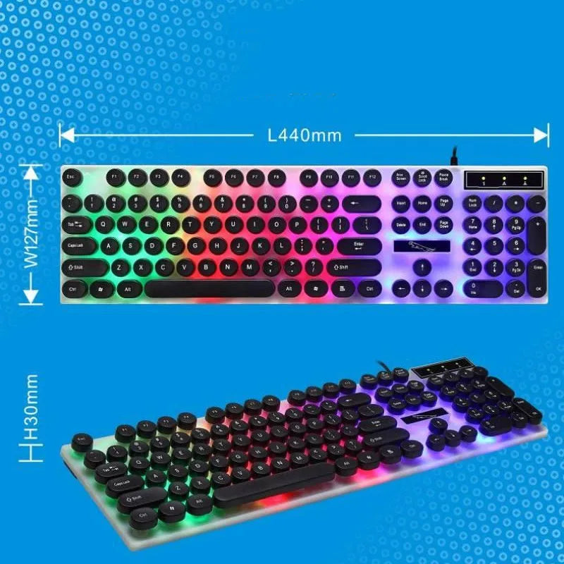 White plastic waterproof gaming keyboard with 104 keys and RGB backlighting on a desk.