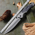 Outdoor folding knife with alloy handle showing 60-degree blade tip angle and compact folded size