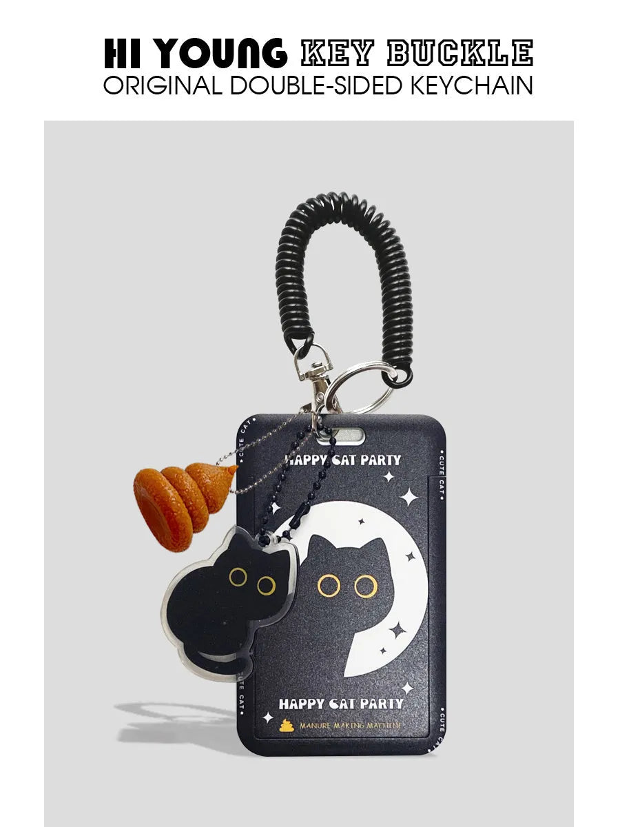 Plastic card holder with black cat cartoon design and pendant for bus cards and student IDs