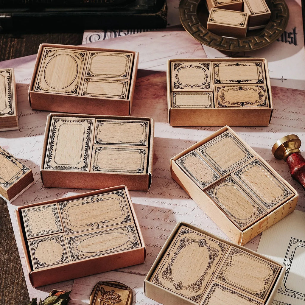 Printed wooden square seals with Baroque Fantasia notebook paintings in six styles, 3-4 pieces per style plus a seal