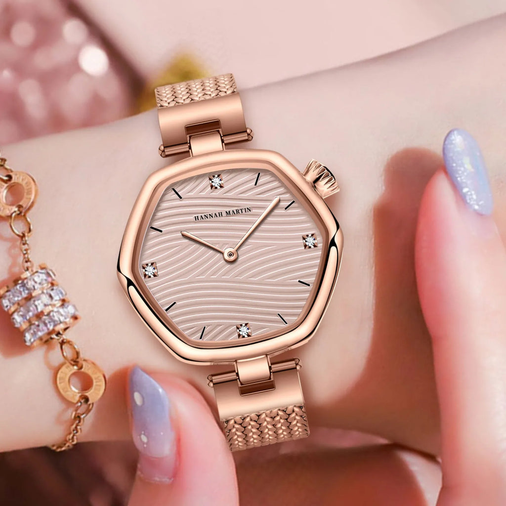 Women's hexagonal stainless steel watch, 30mm case, 7.2mm thick, 12mm strap, 220mm circumference, casual style.