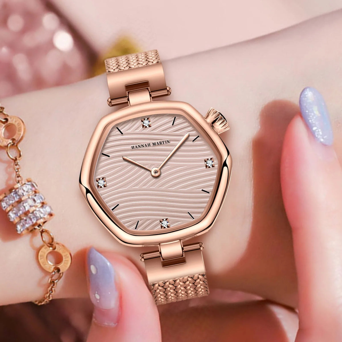 Women's hexagonal stainless steel watch, 30mm case, 7.2mm thick, 12mm strap, 220mm circumference, casual style.