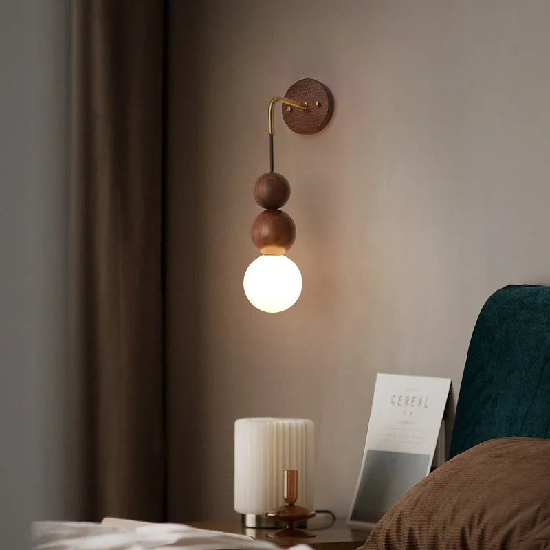 Suspension wire wall lamp in wood and copper with tri-colour bulb