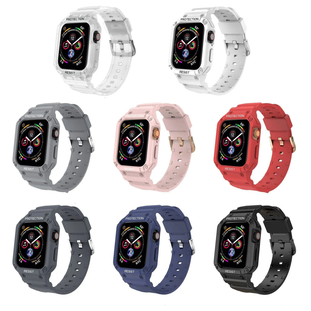 Soft TPU sport watch strap for Apple Watch Series 8 shown in multiple colours with 38mm and 42mm size options.