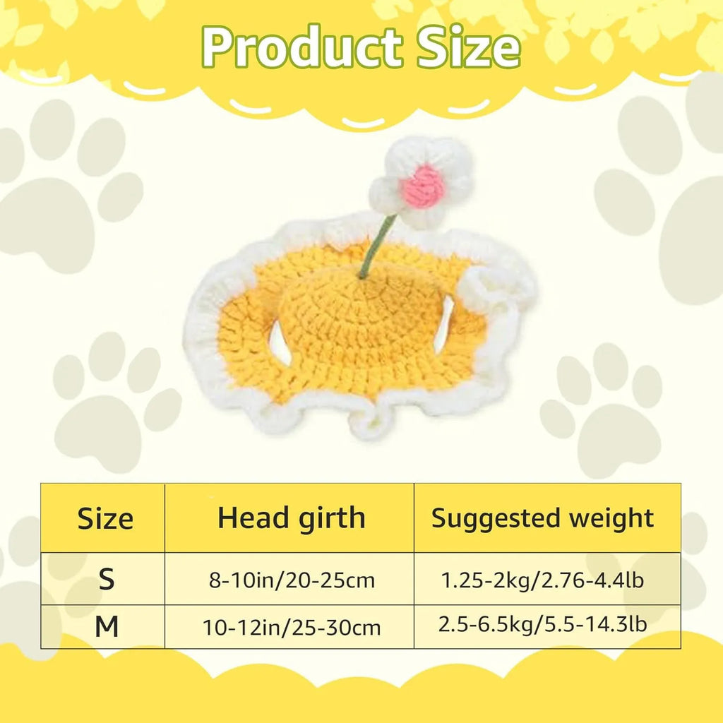 Green knitted cat hat with cartoon design on a small dog