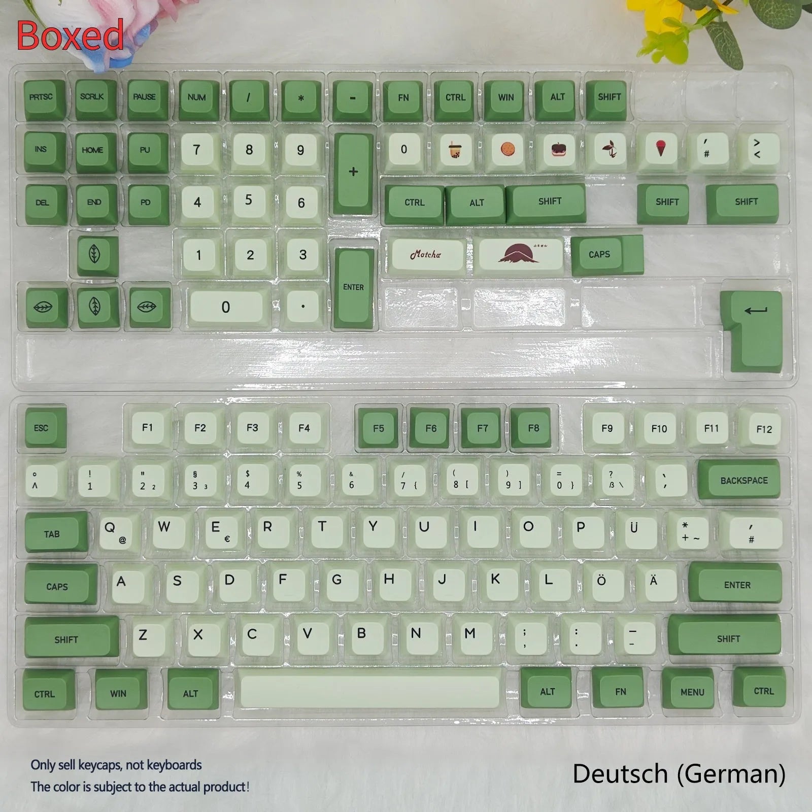 124 Matcha green PBT keycaps with white dye-sublimated legends, arranged in a keyboard layout.
