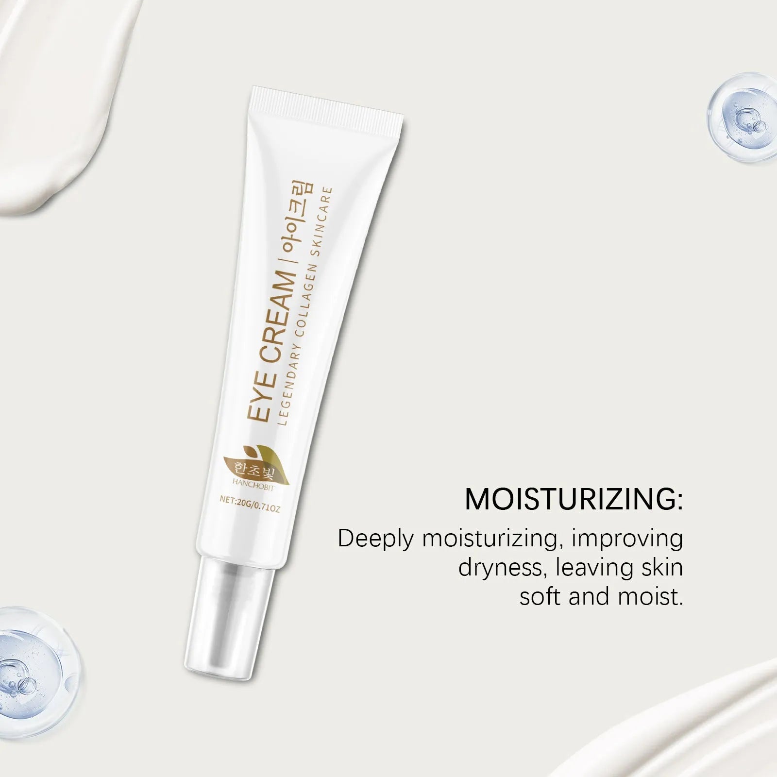 20g tube of collagen eye cream with hyaluronic acid and glycerin for the eye area.
