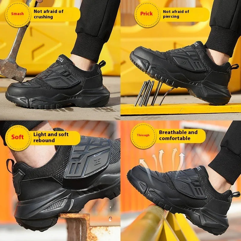 Black safety work shoes with steel toe cap, felt buckle closure, and anti-puncture sole for industrial use