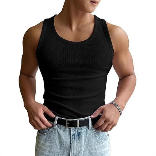 Men's tight fit round neck workout T-shirt in polyester, shown in various colours including black and blue.