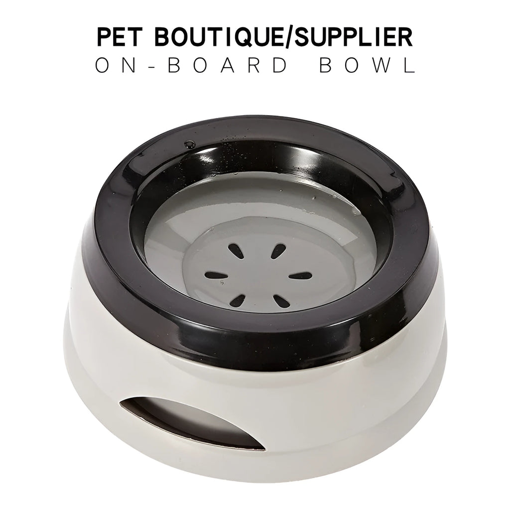 Grey pet drinking bowl with a floating ball on the water surface