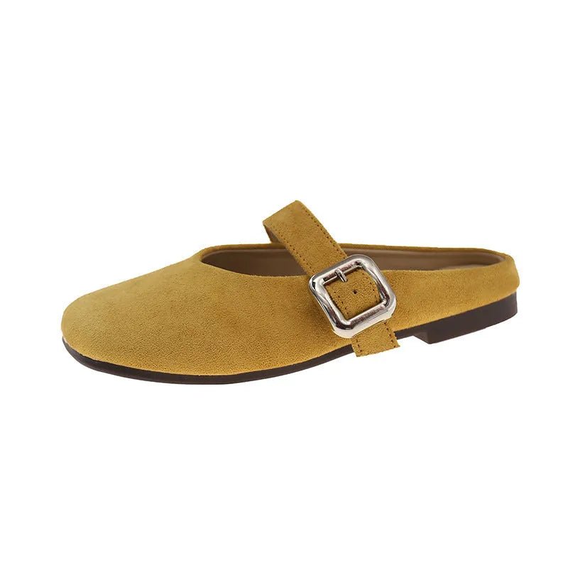 Women's flat closed-toe slippers in apricot colour with a square head design and rubber sole.