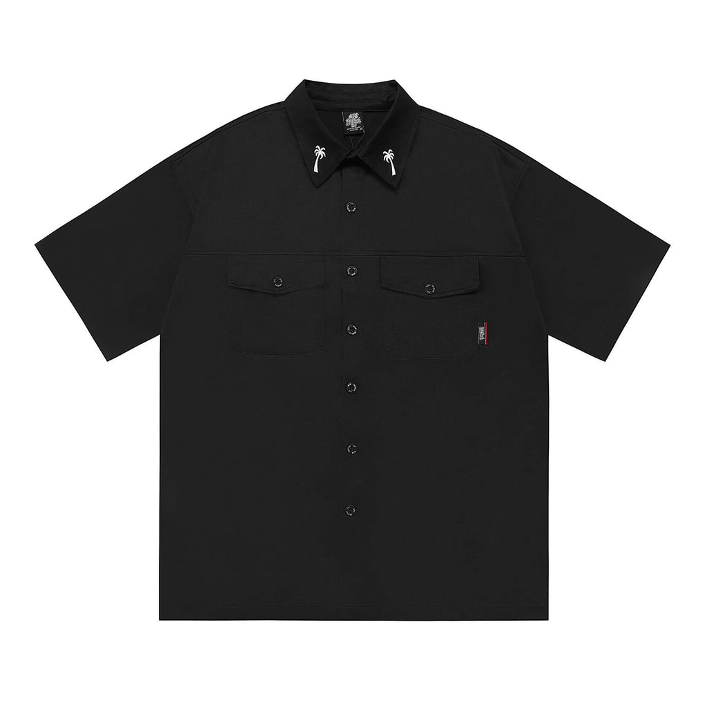 Men's black cotton blend work shirt with embroidery detailing and chest pocket