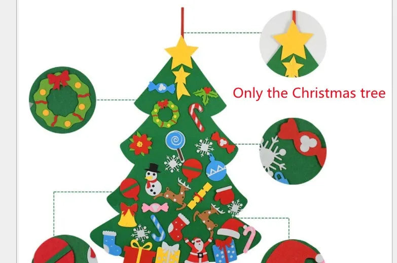 Green DIY felt Christmas tree with fairy-tale lights mounted on wall with decorative ornaments