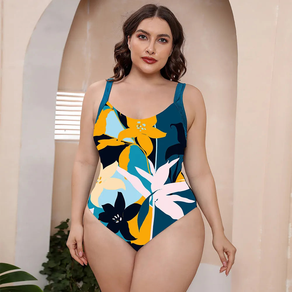 One-piece swimsuit with floral print and spaghetti straps, conservative design for hot spring bathing